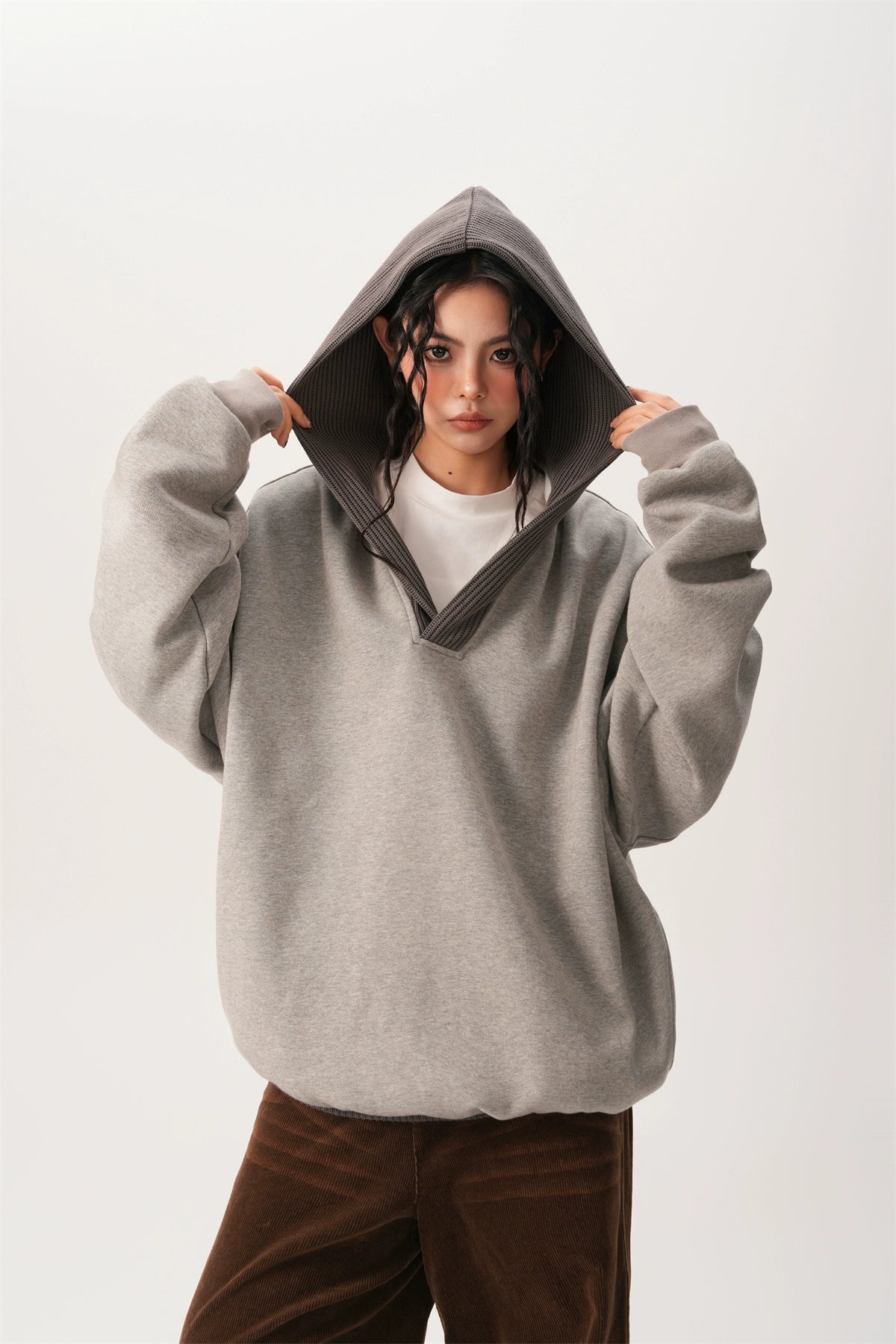 Oversized Knit Ribbed Heathered Hoodie