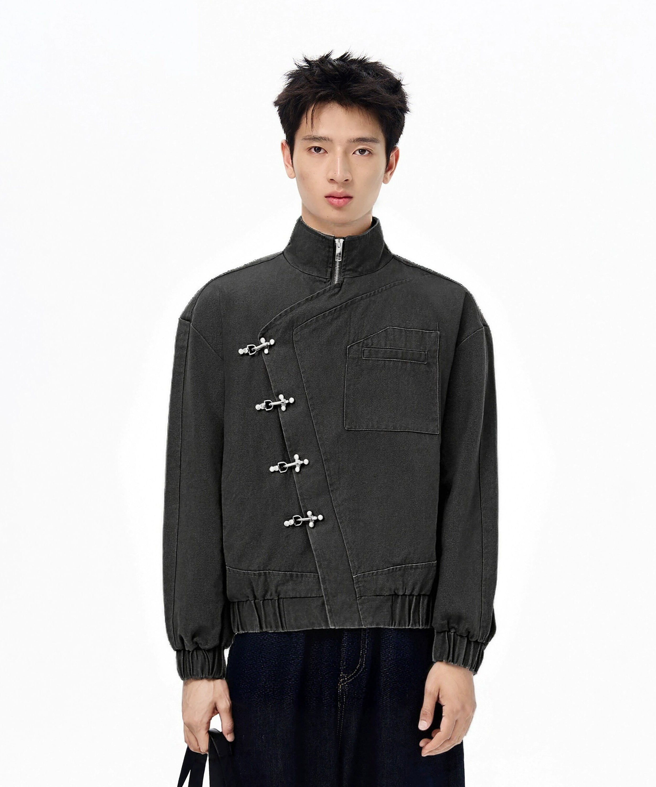 Asymmetric Fireman Buckle Elastic Hem Denim Jacket