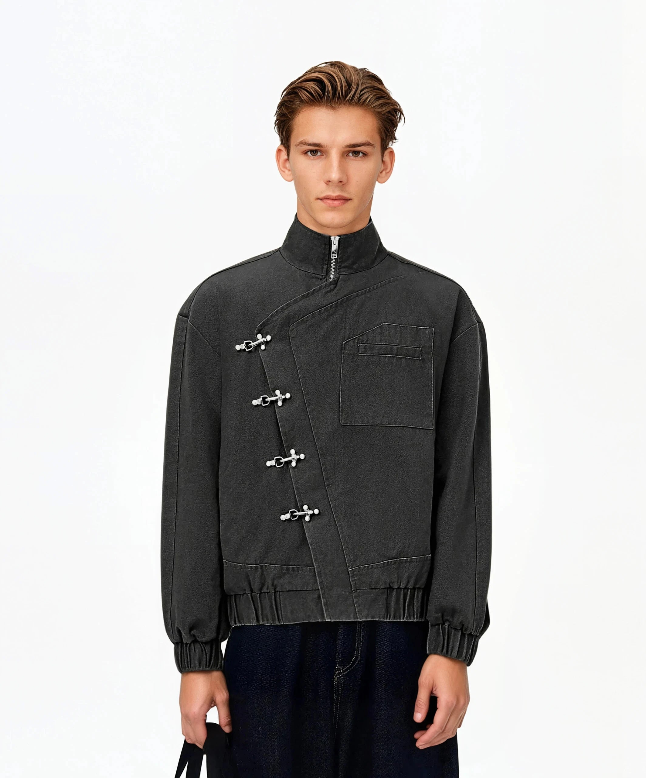 Asymmetric Fireman Buckle Elastic Hem Denim Jacket