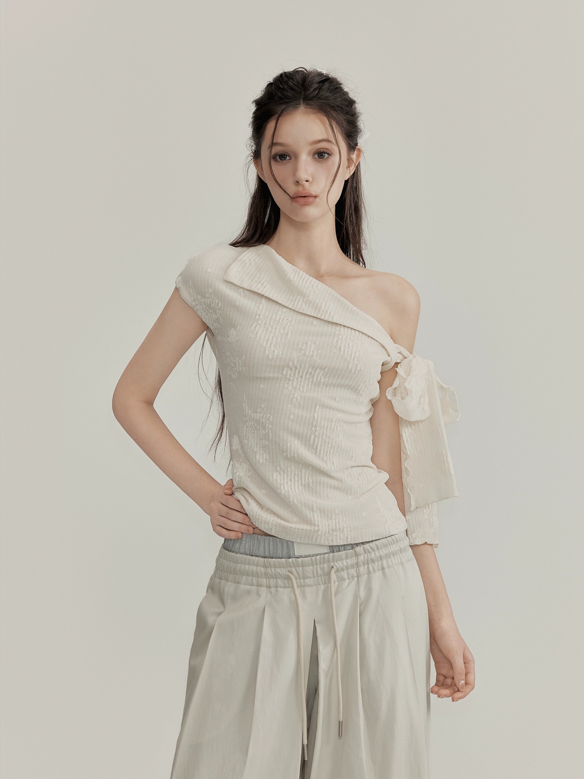 Textured One Shoulder Top with Tie Sleeve Detail