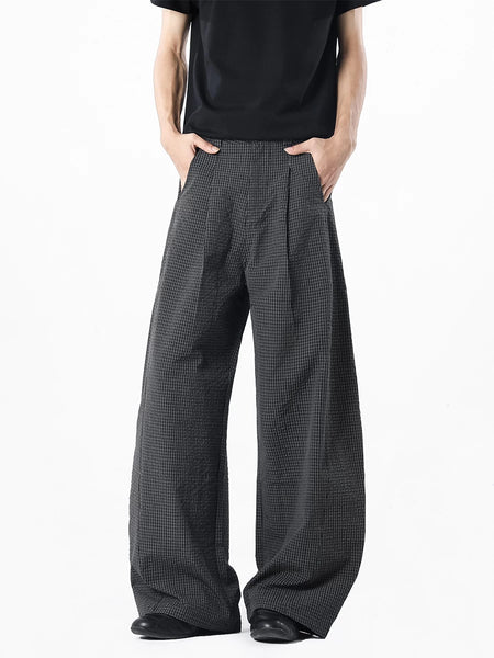 Wide Leg Lightweight Pleated Checkered Trousers - nightcity clothing