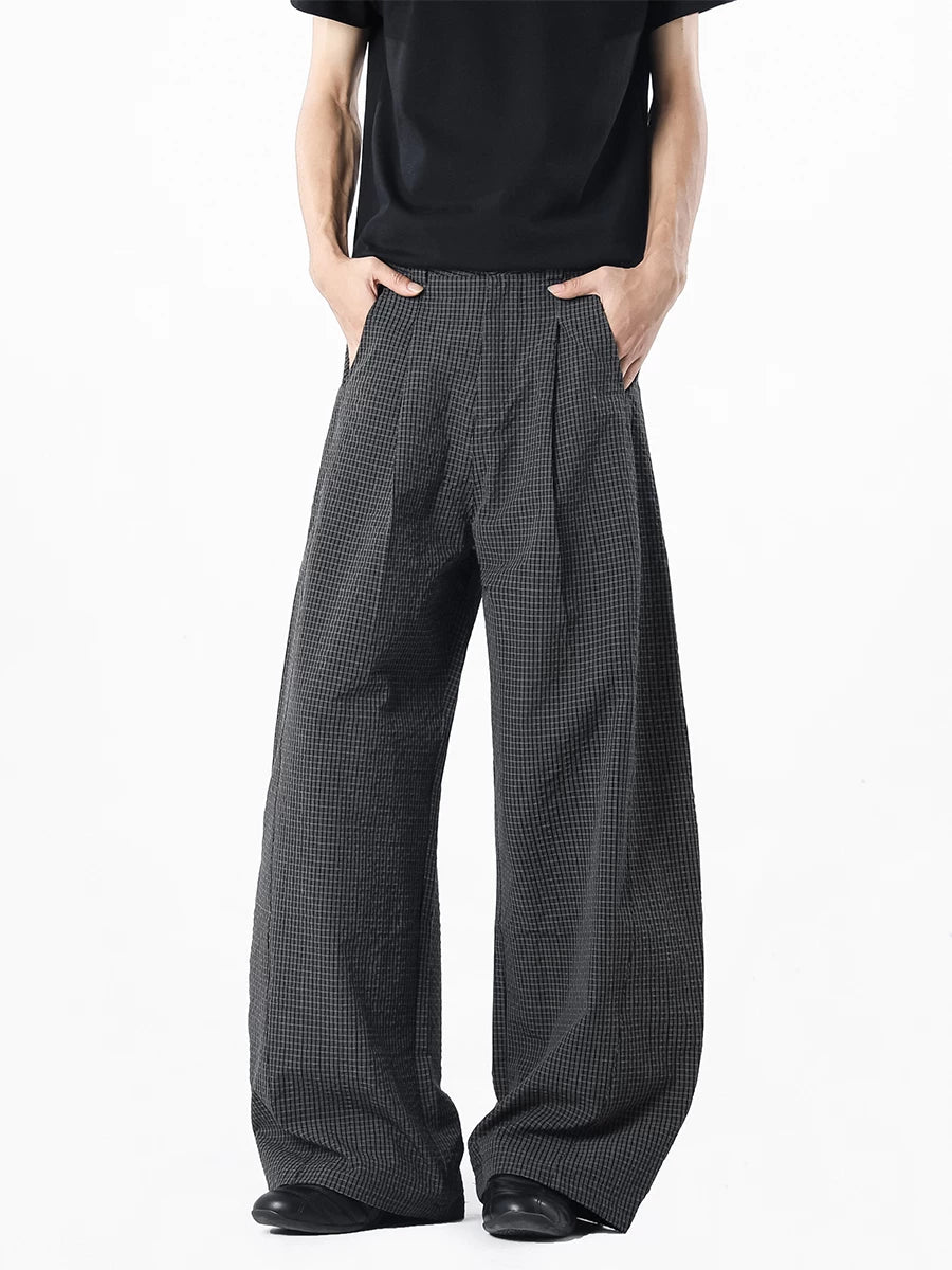 Wide Leg Lightweight Pleated Checkered Trousers