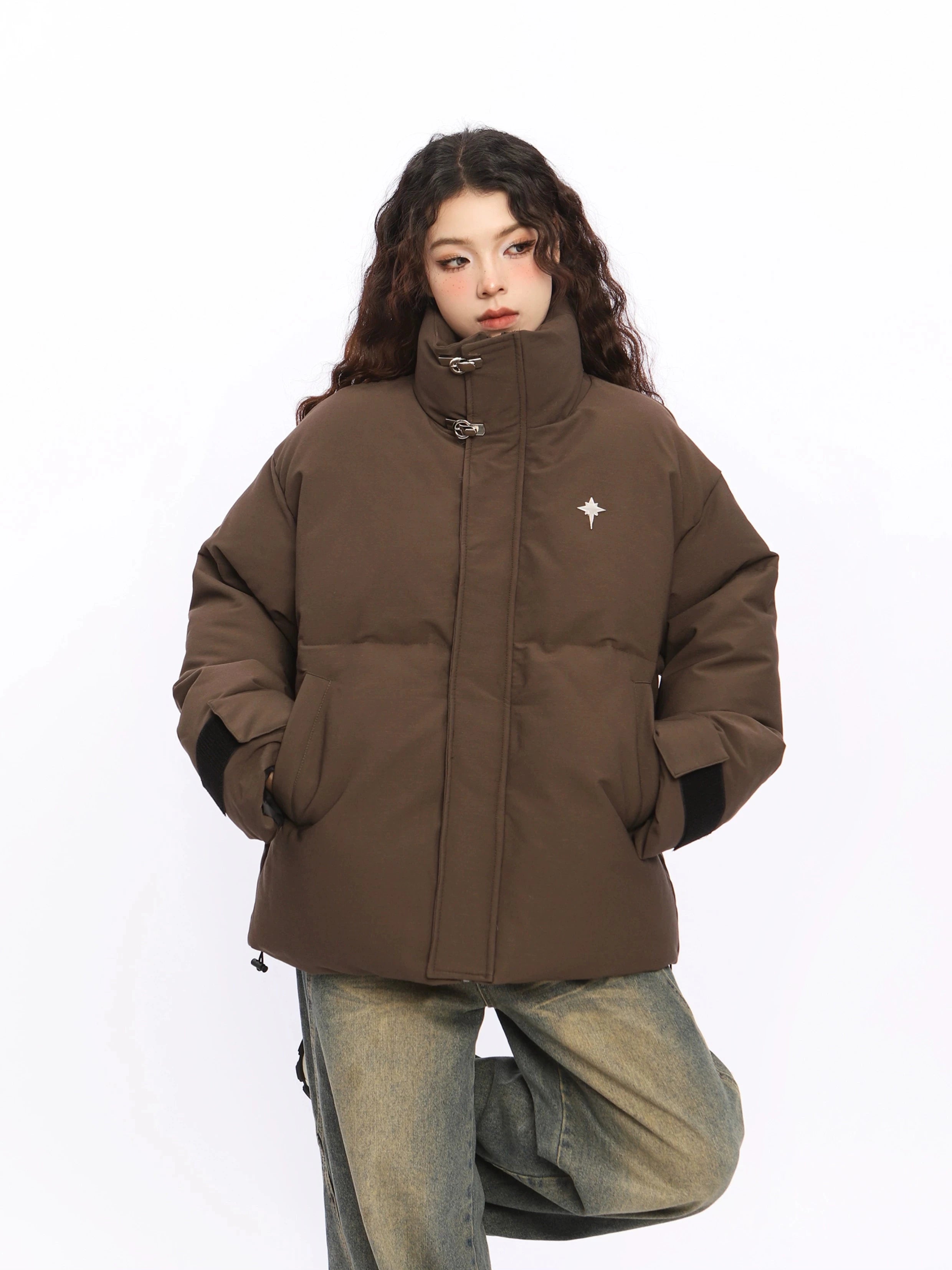 Puffer Jacket with High Collar Buckles Detail