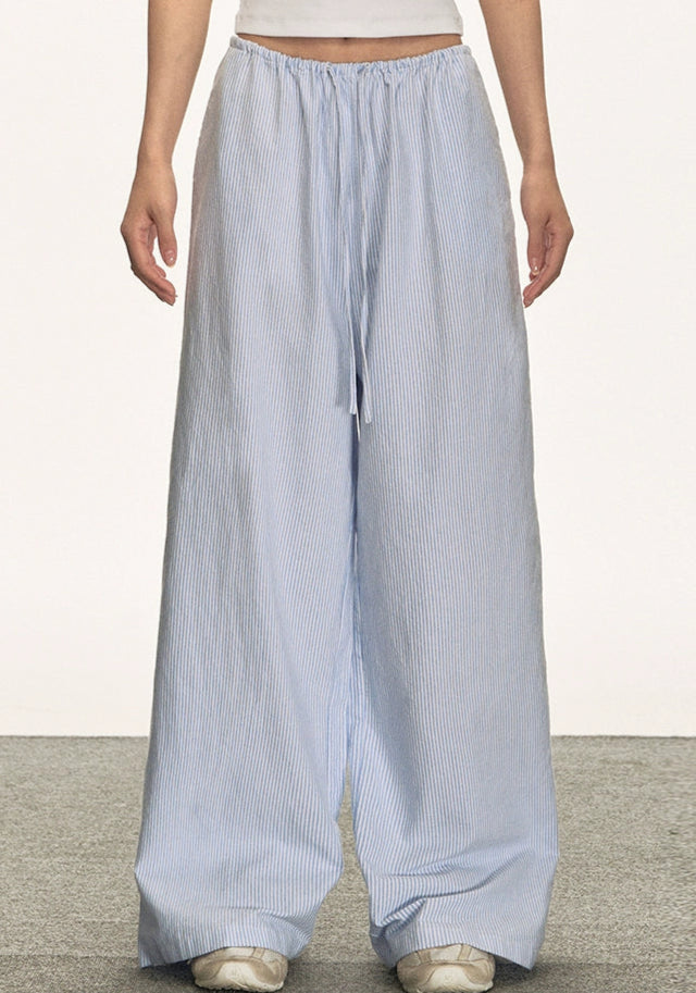 Striped Wide-Leg Elastic Waist Drawstring Pants