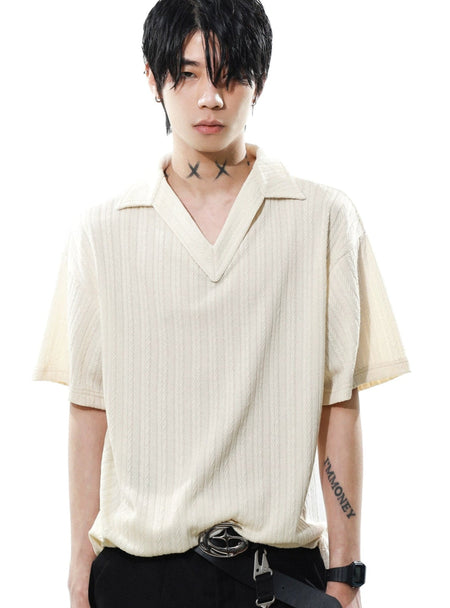 Textured Knit V-Neck Polo Collar Short Sleeve Top - nightcity clothing