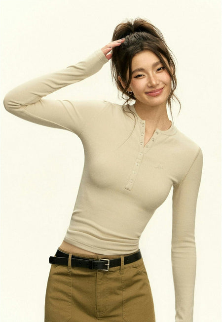 Ribbed Long Sleeve O-Neck Henley Top