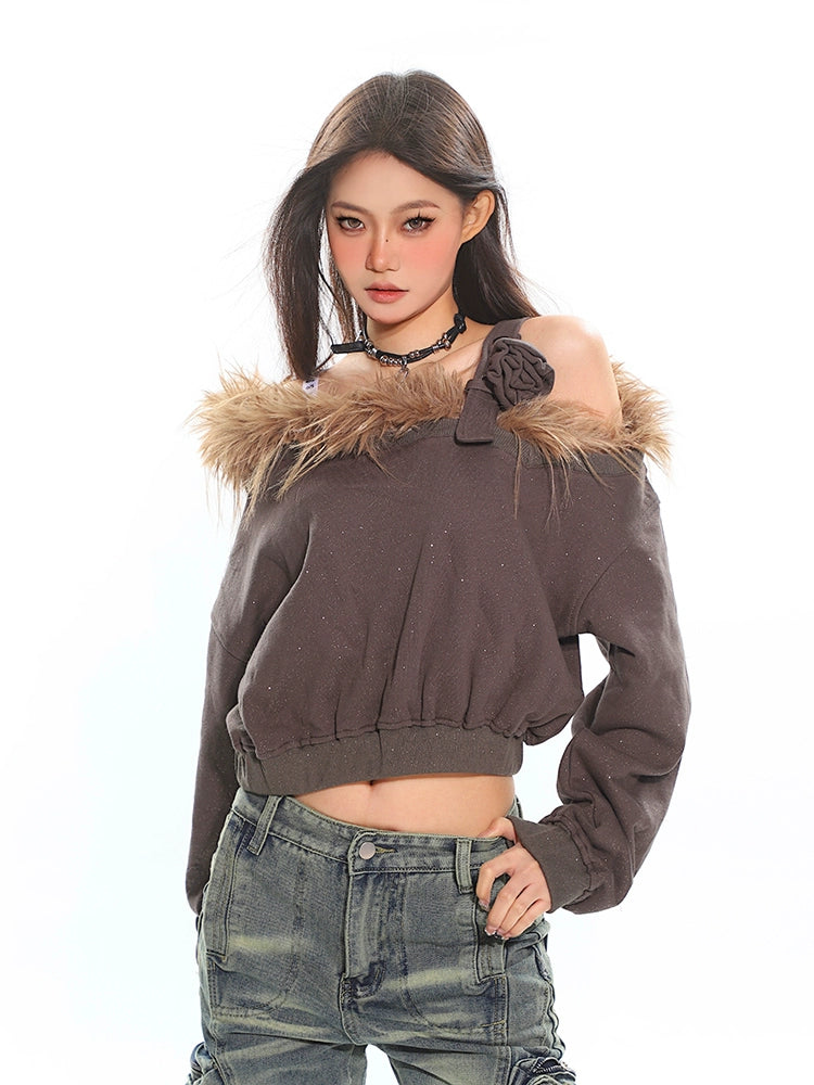 Faux Fur Trim Off-Shoulder Long Sleeve Top with Single Strap