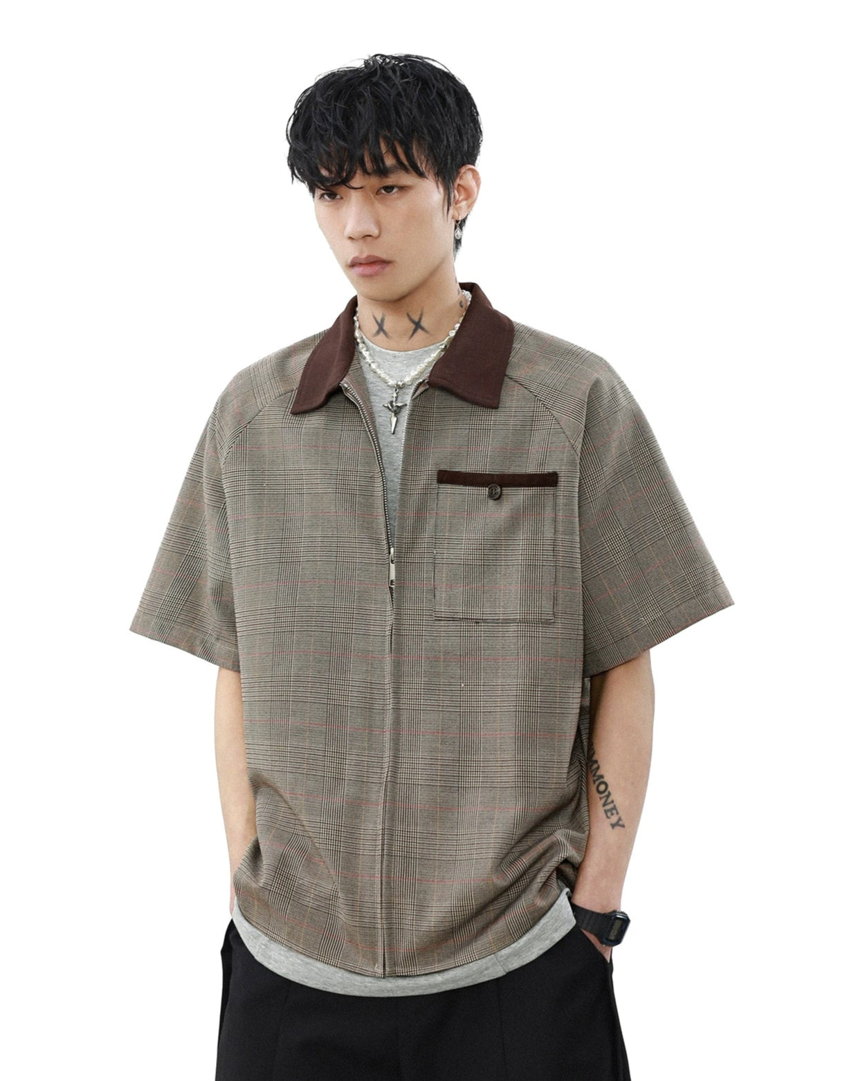 Contrast Collar Checker Short Sleeve Shirt with Chest Pocket