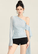 One Shoulder Polka Dot Mesh Sleeve Draped Top