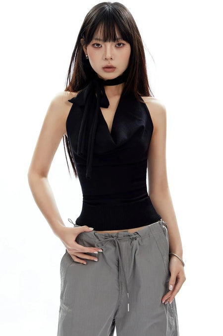Sleeveless Ribbed Scarf-Detail Crossover Halterneck Top