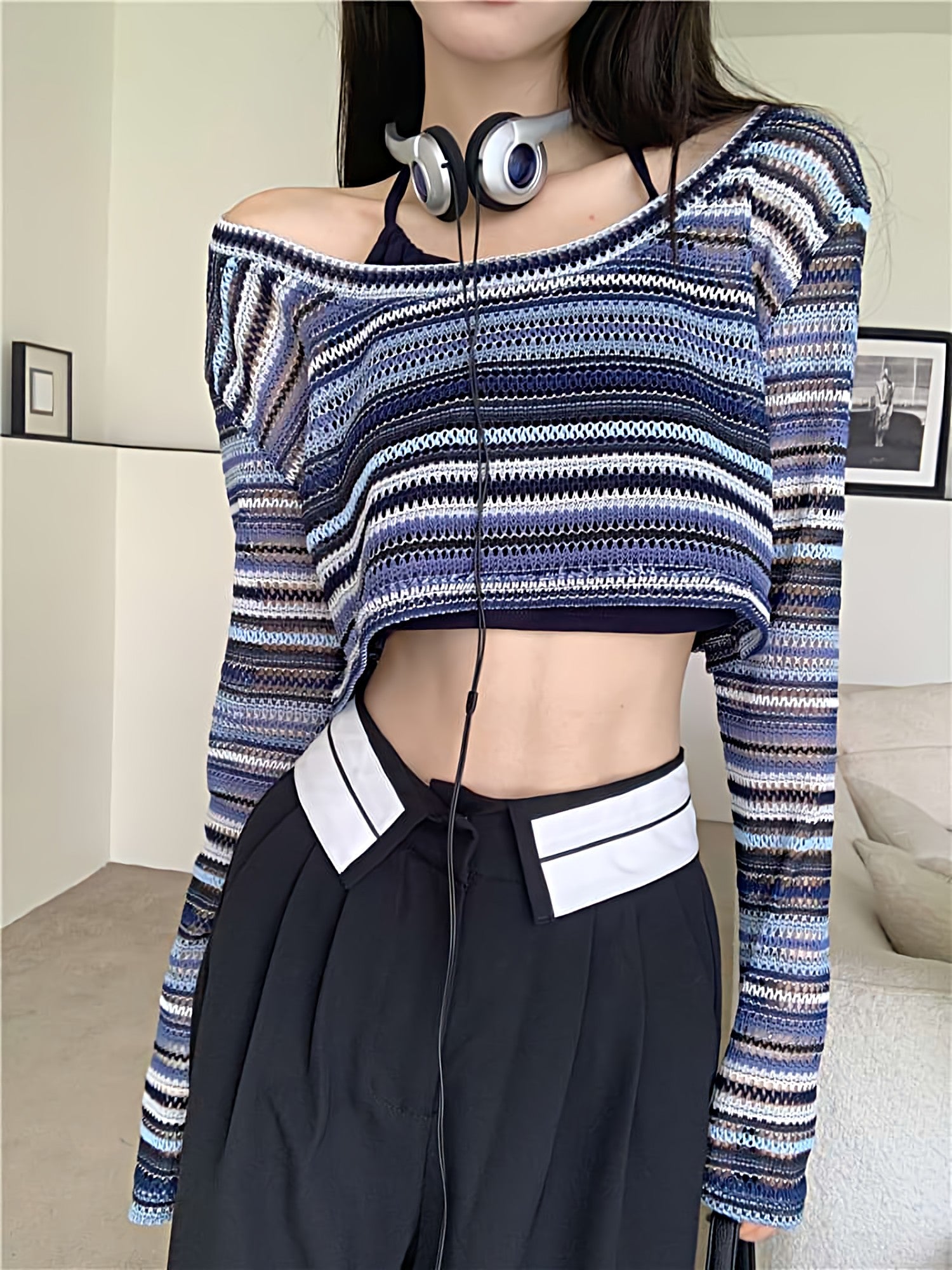 Stripe Wide Neck Knit Cropped Top