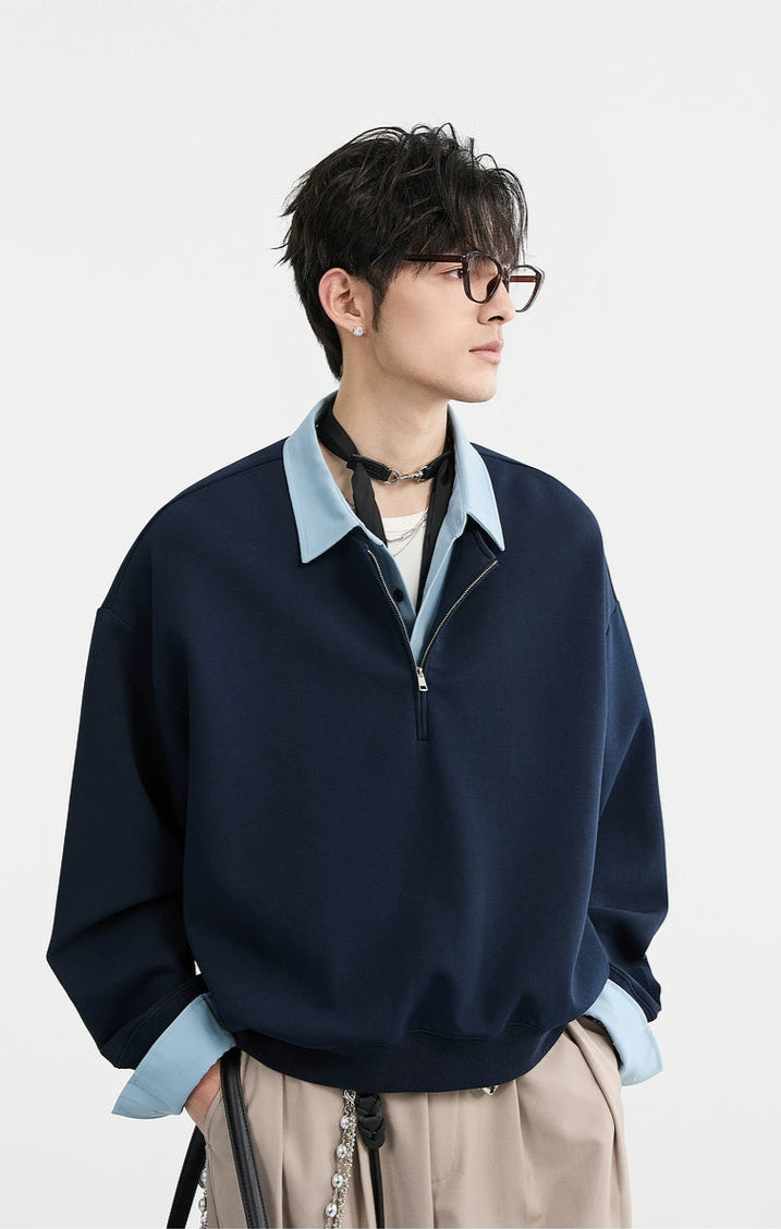 Half Zip Mock Two-Piece Layered Pullover Sweatshirt