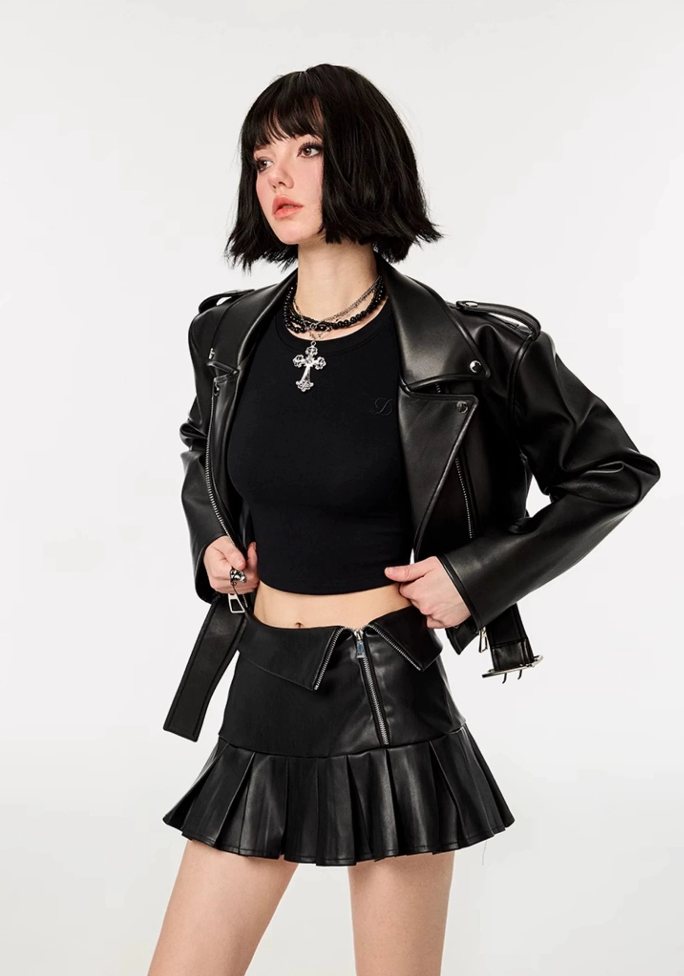 Boxy Faux Leather Jacket and Pleated Side Zip Mini Skirt Two-Piece Set