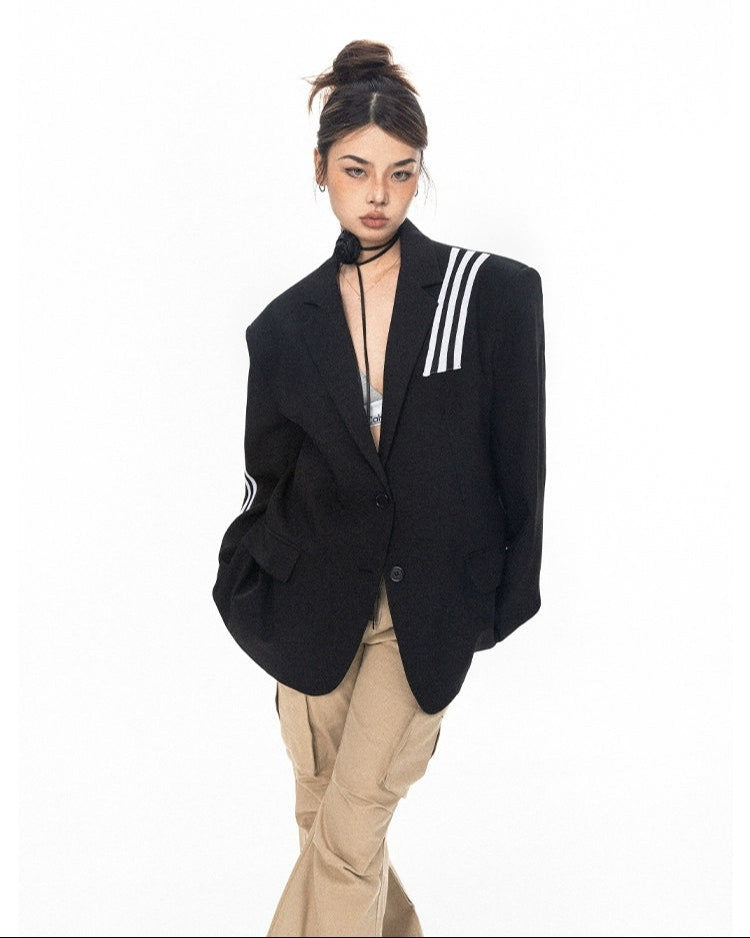 Striped Trim Single-Breasted Blazer Jacket