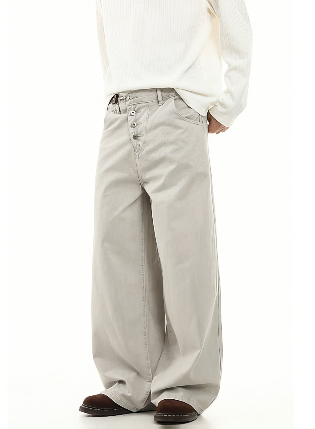 Wide Leg Jeans with Diagonal Button Closure and Metal Clasp