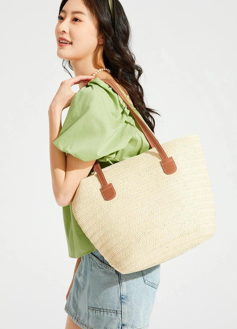 Woven Straw Tote Bag with Faux Leather Handles