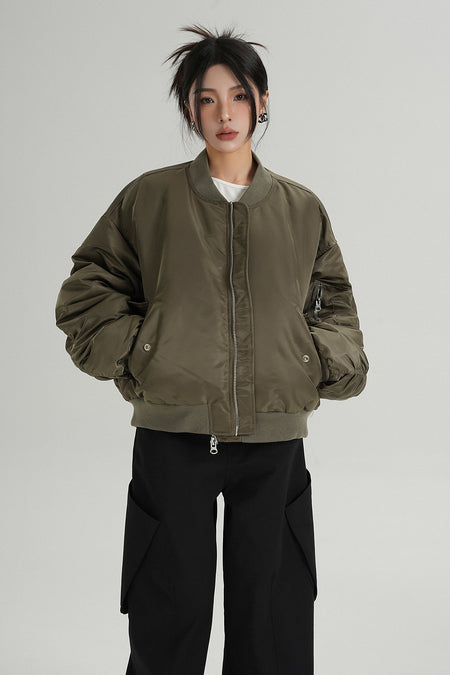Oversized Mid-Crop Bomber Jacket with Sleeve Zip Pocket