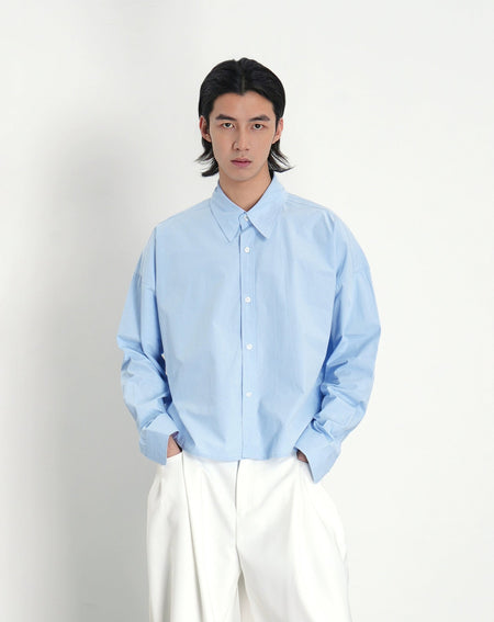 Mid-Crop Oversized Drop Shoulder Button-Up Shirt