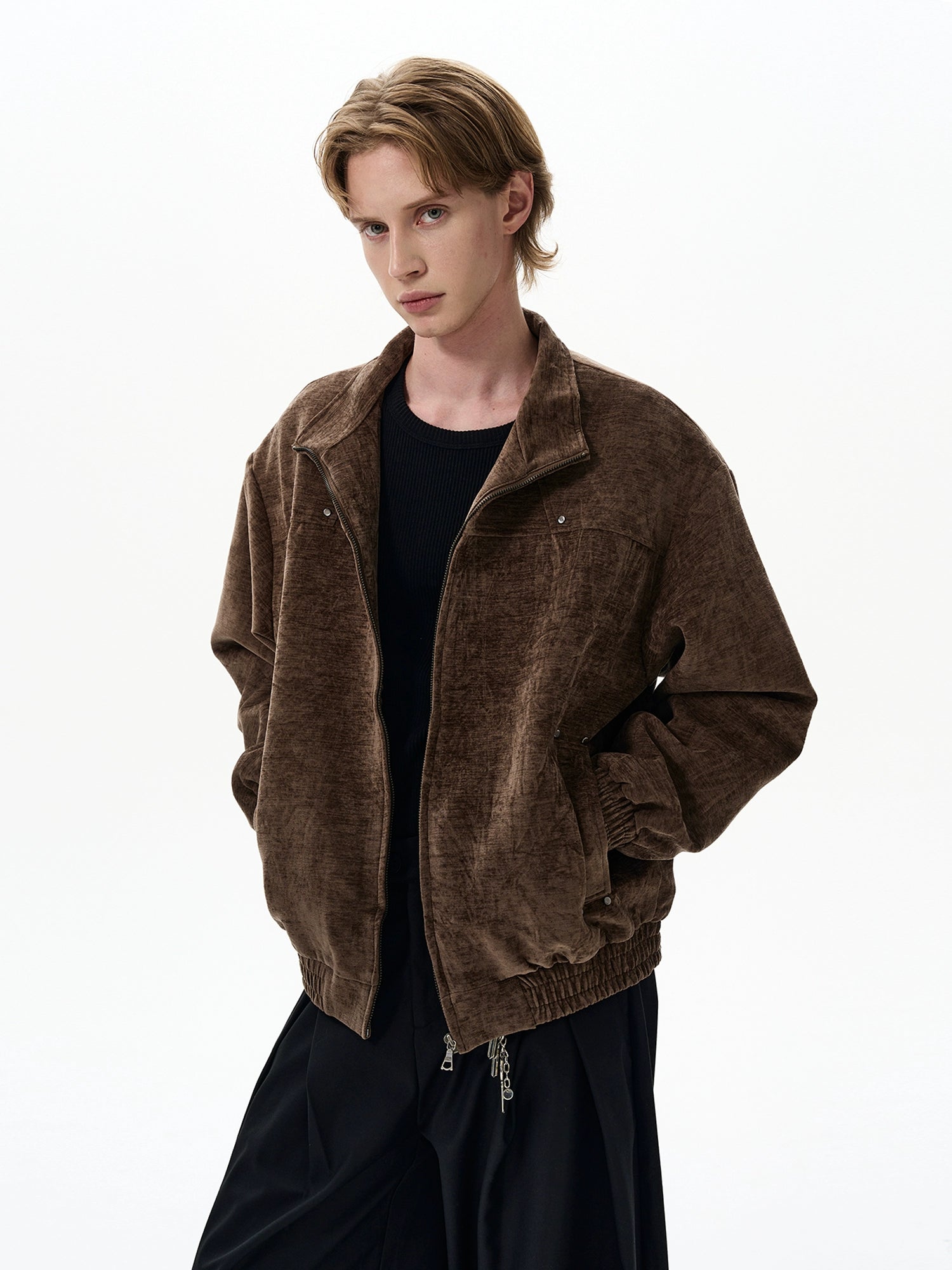 Oversized Panel Textured Zip-Up Elastic Trim Jacket