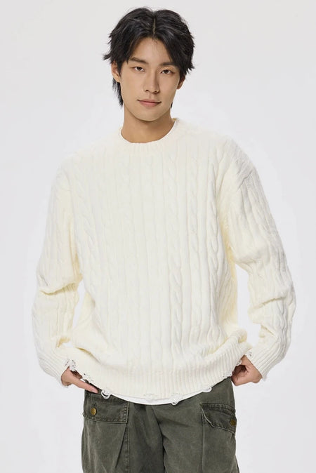 Distressed Hem Cable Knit Crewneck Sweater