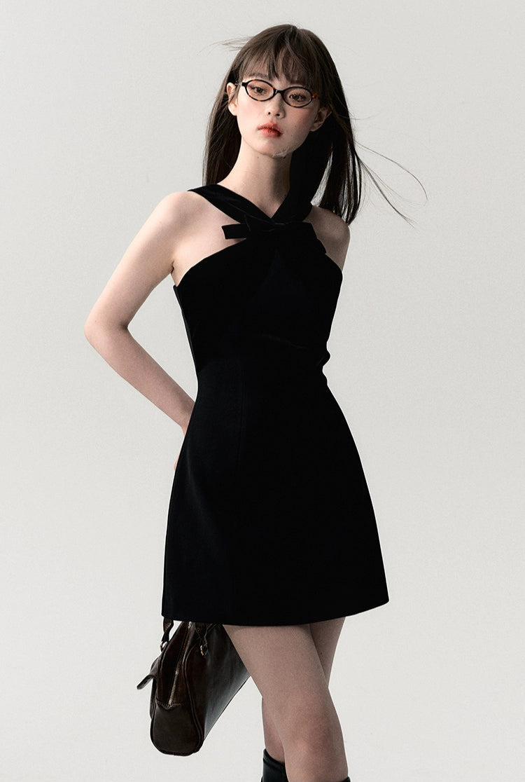 Sleeveless Mini Dress with Velvet Crisscross Neckline and Bow Detail