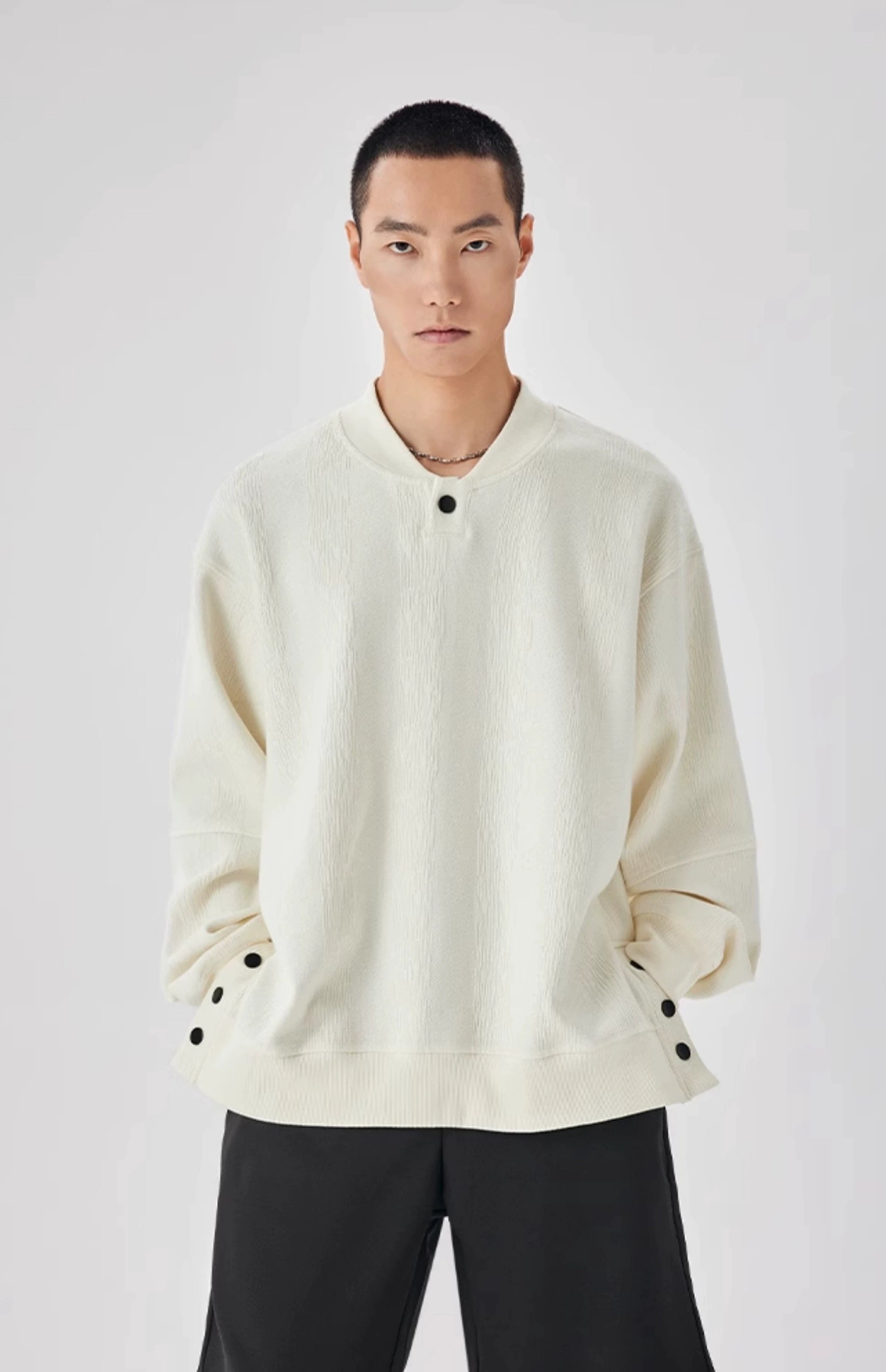 Textured Stripe Ribbed Trim Sweater with Button Details