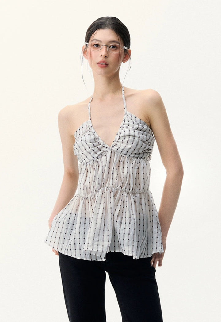 Polka Dot Halter Neck Smocked Peplum Top