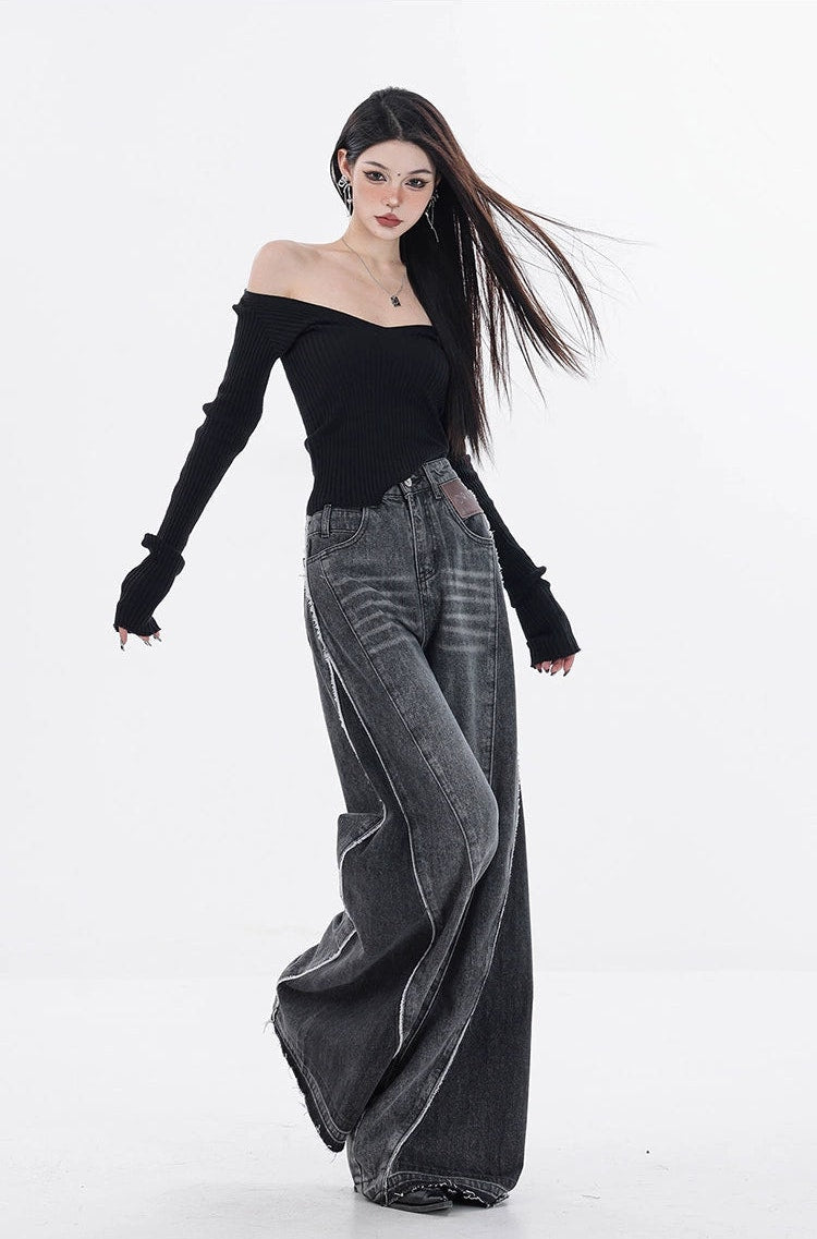 Off Shoulder Knit Long Sleeve Top with Side Slit Off Shoulder Knit Long Sleeve Top with Side Slit
