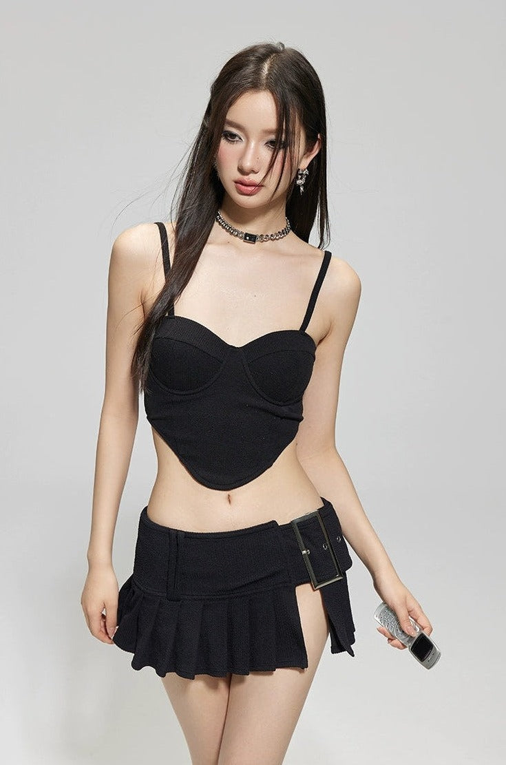 Textured Bustier Bikini Top with Belted Skirtini Set