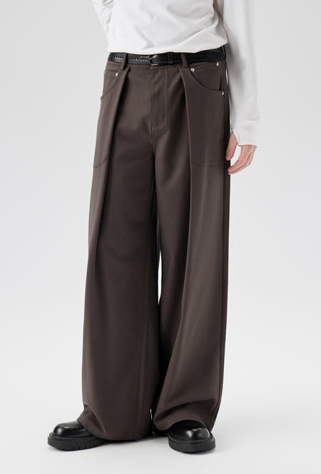 Wide Leg Pleated Trousers with Button Details - nightcity clothing