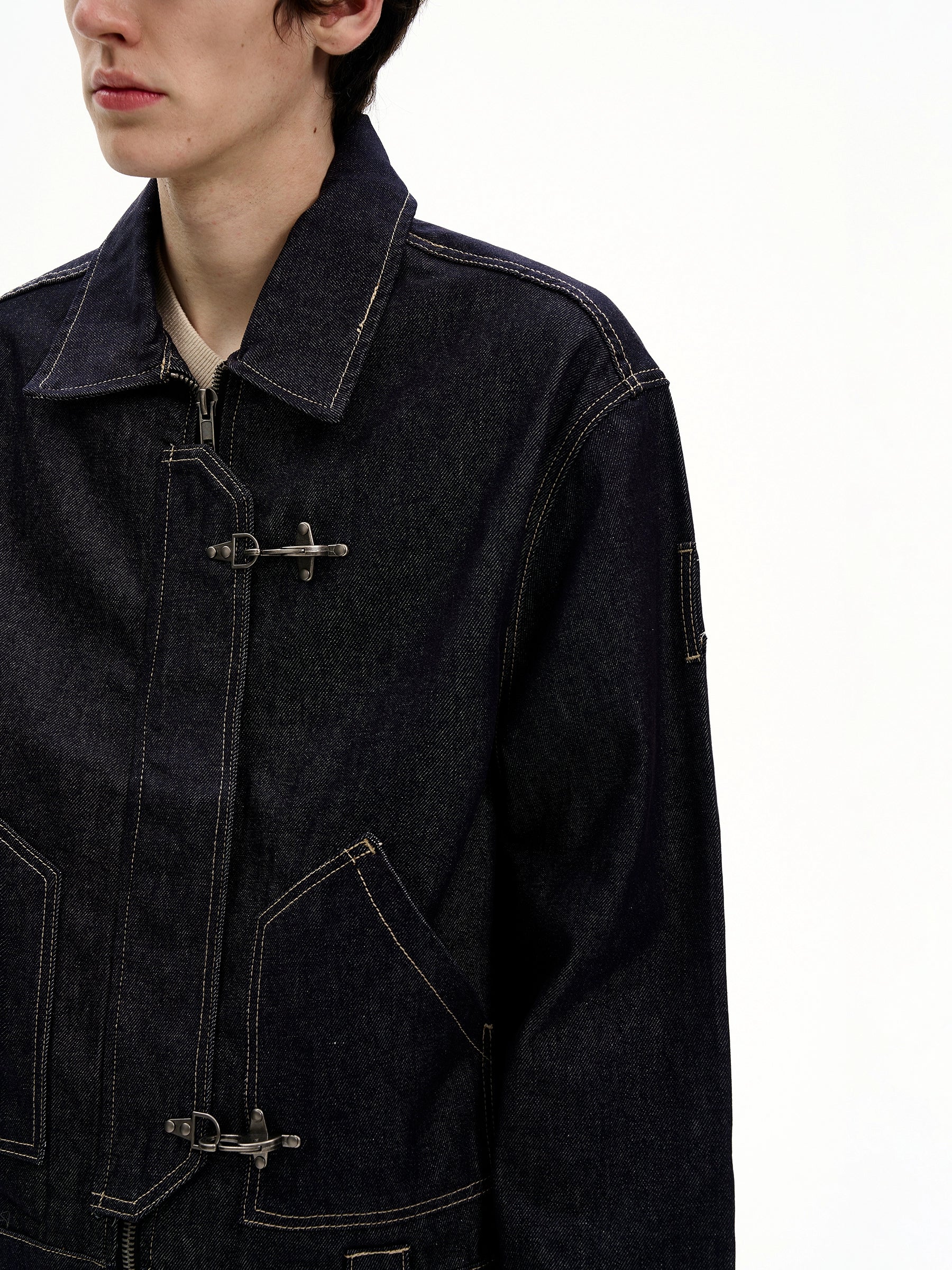Dark Wash Fireman Clasp Mid-Crop Denim Jacket