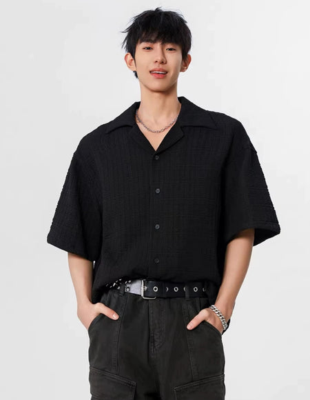 Textured Button-Up Shirt with Camp Collar