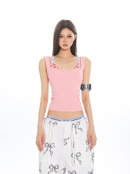 Ribbed Sleeveless Crop Top with Lace Trim