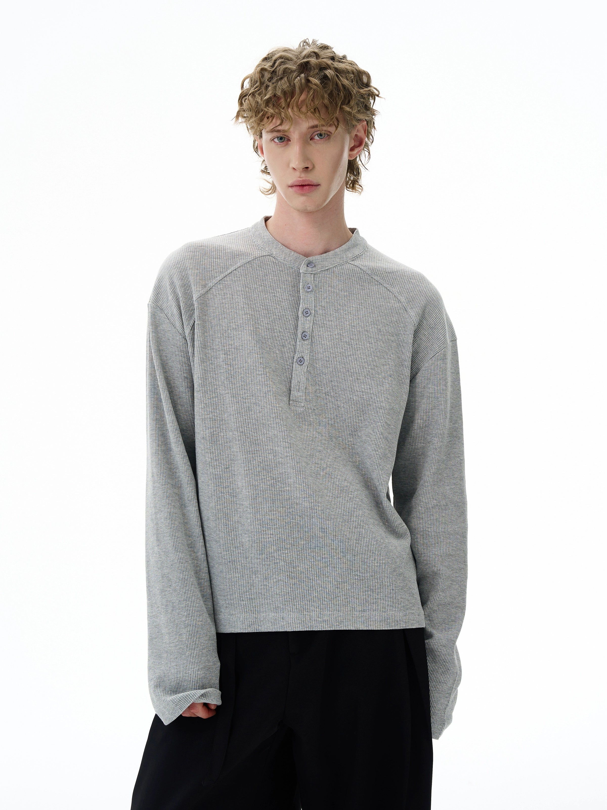 Waffle Texture Henley Cropped Long Sleeve T-Shirt