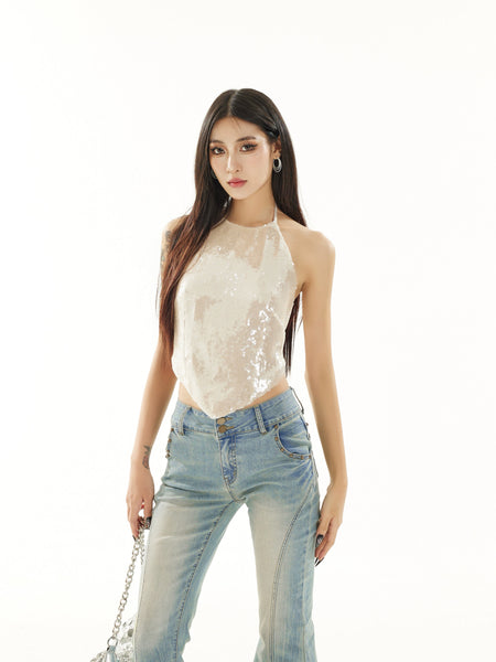 Sequin Halter Neck Sleeveless Top - nightcity clothing
