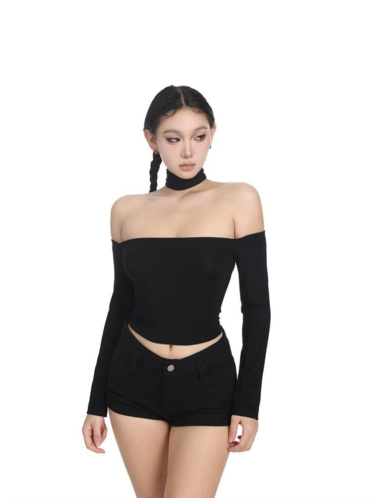 Off Shoulder Long Sleeve Crop Top with Choker