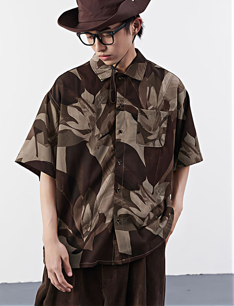 Vintage Leaf Print Button Shirt