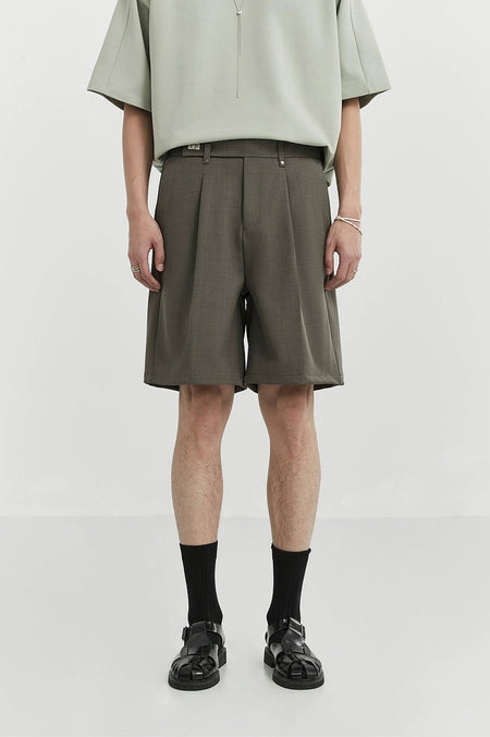 Pleated Tailored Bermuda Shorts with Belt Detail