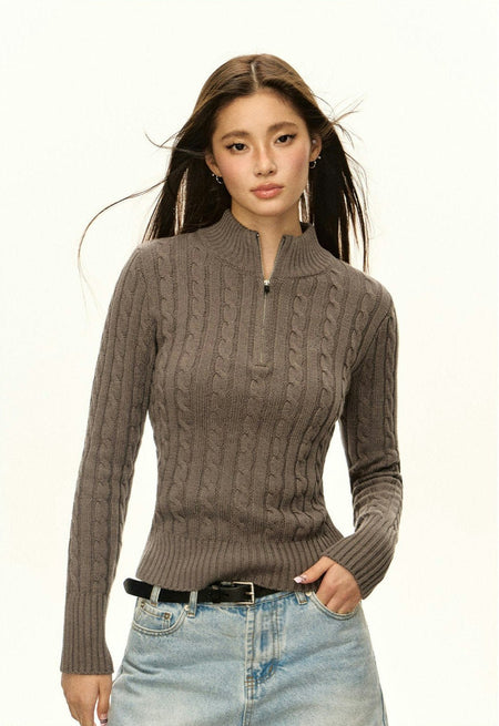 Cable Knit Half Zip Lightweight Mock-Neck Sweater - nightcity clothing