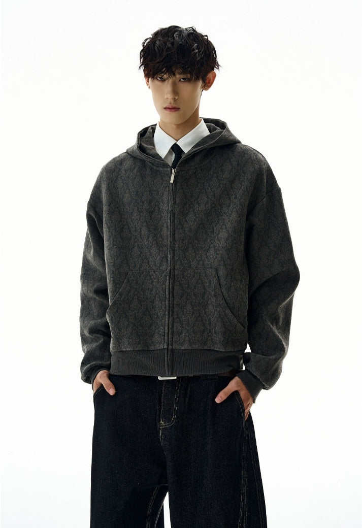 Subtle Pattern Textured Zip-Up Hoodie Jacket