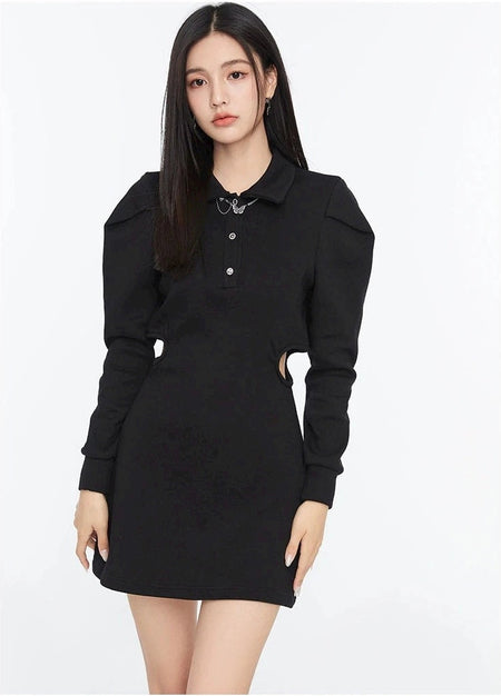 Collared Long Sleeve Side-Cutout Mini Shirt Dress - nightcity clothing