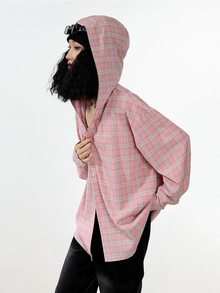 Plaid Hooded Button-Up Lightweight Shacket