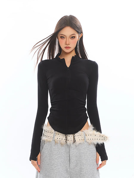 Skinny Zip Front Long Sleeve Collared Running Top