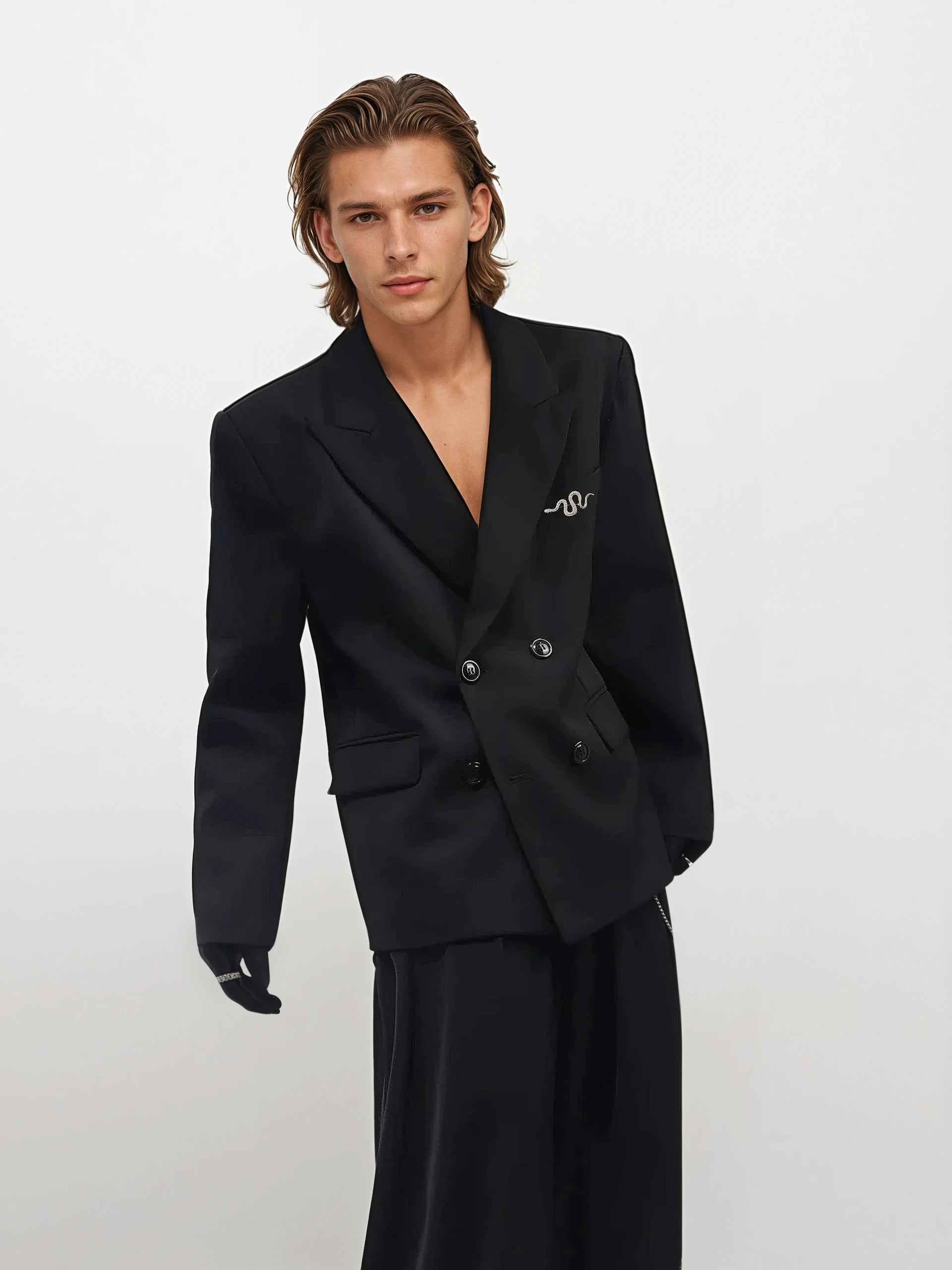 Oversized Snake-Brooch Wide Lapel Blazer and Pleated Pants Two-Piece Set