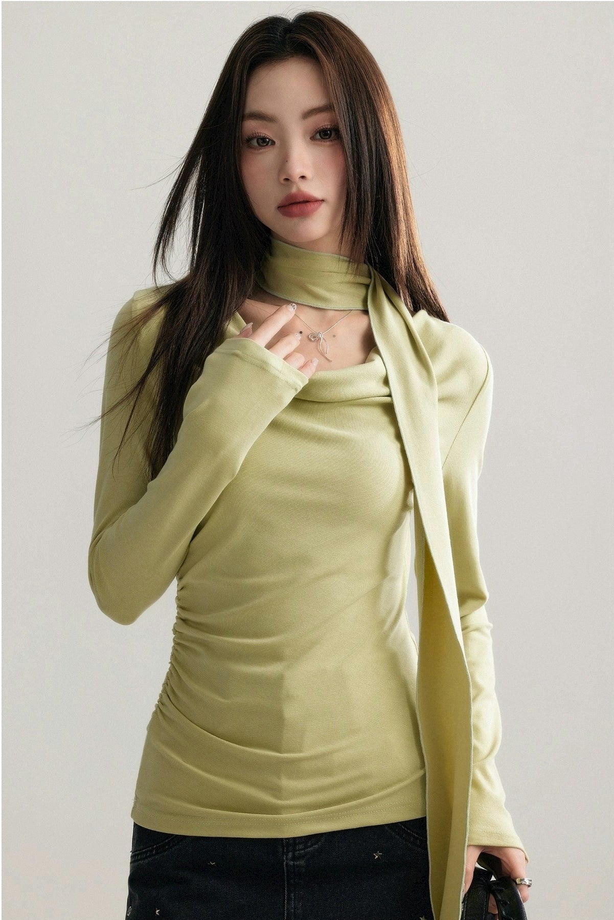 Asymmetrical Draped Neckline Long Sleeve Top with Scarf