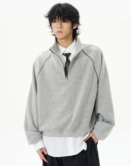 Oversized Contrast-Stitch Quarter Zip Sweatshirt