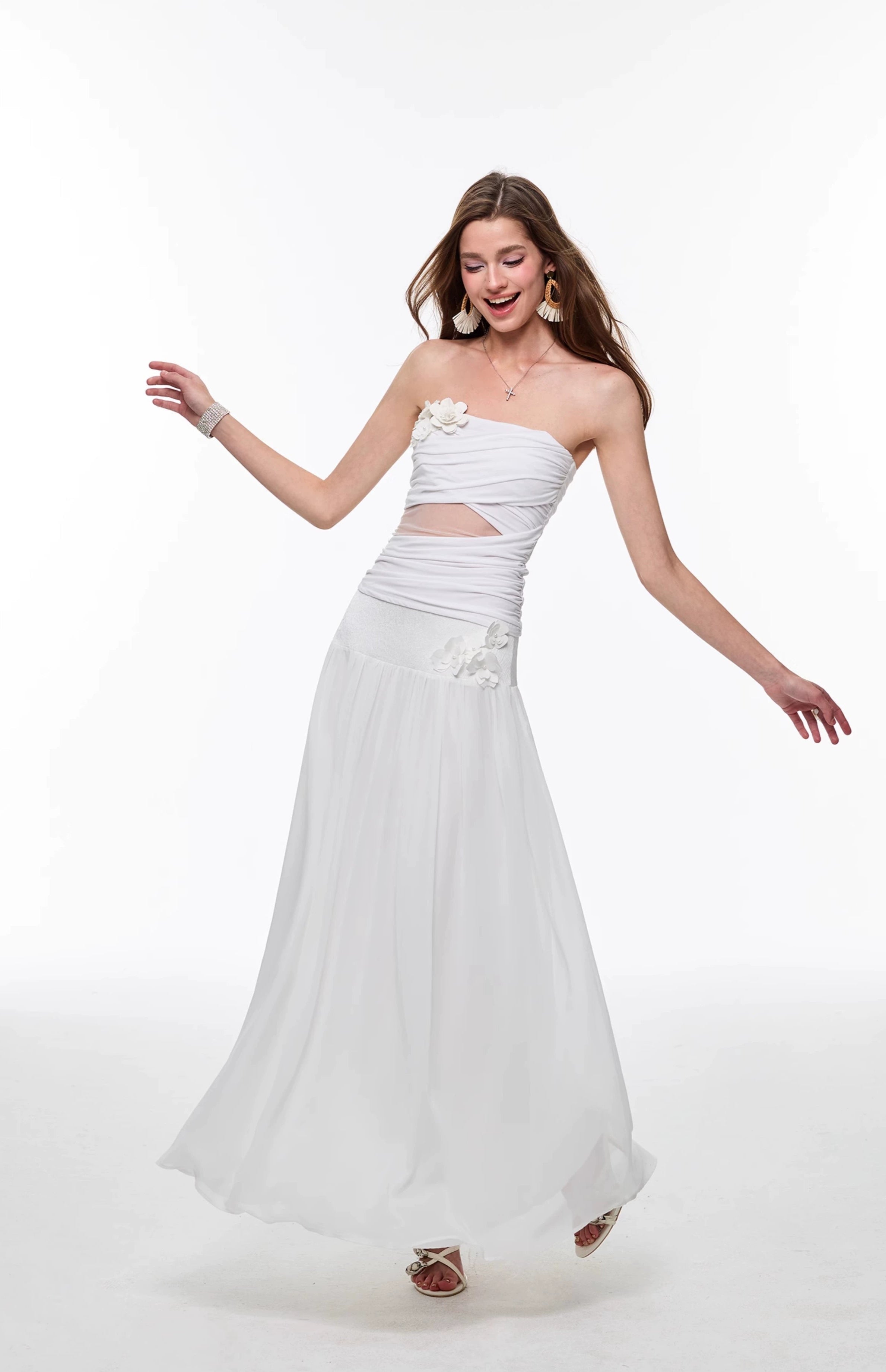 Ruched Tube Top and High Waist Maxi Skirt with Flower Applique Detail Two-Piece Set
