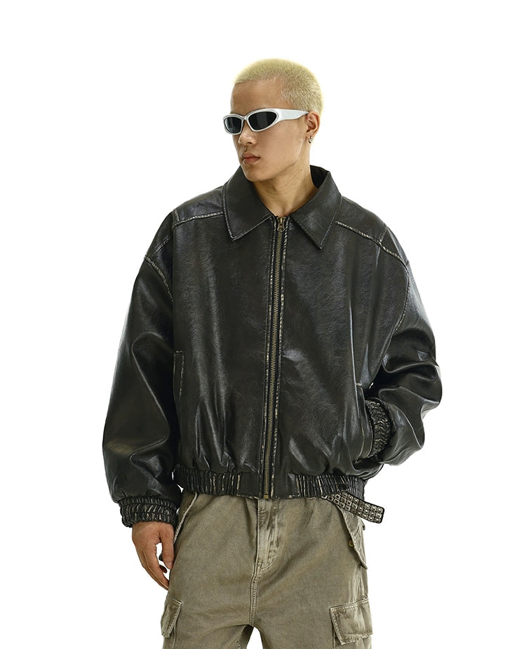 Oversized Faux Leather Vintage Zip Jacket with Elastic Cuffs and Hem