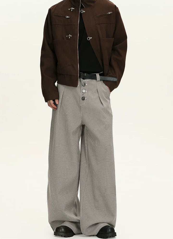 Houndstooth Pattern Button-Fly Wide Leg Trousers