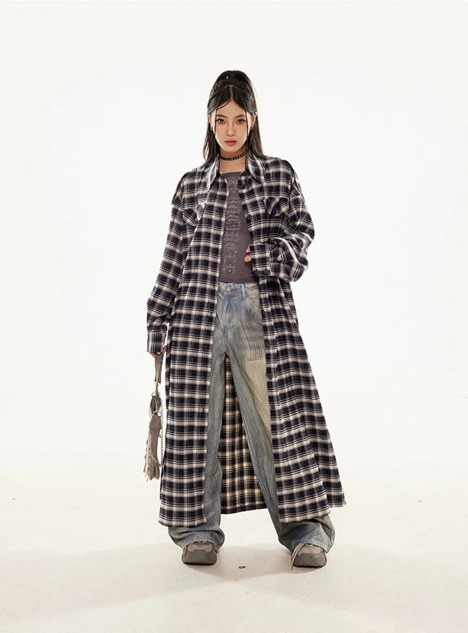 Plaid Longline Lightweight Coat with Fringe Detail